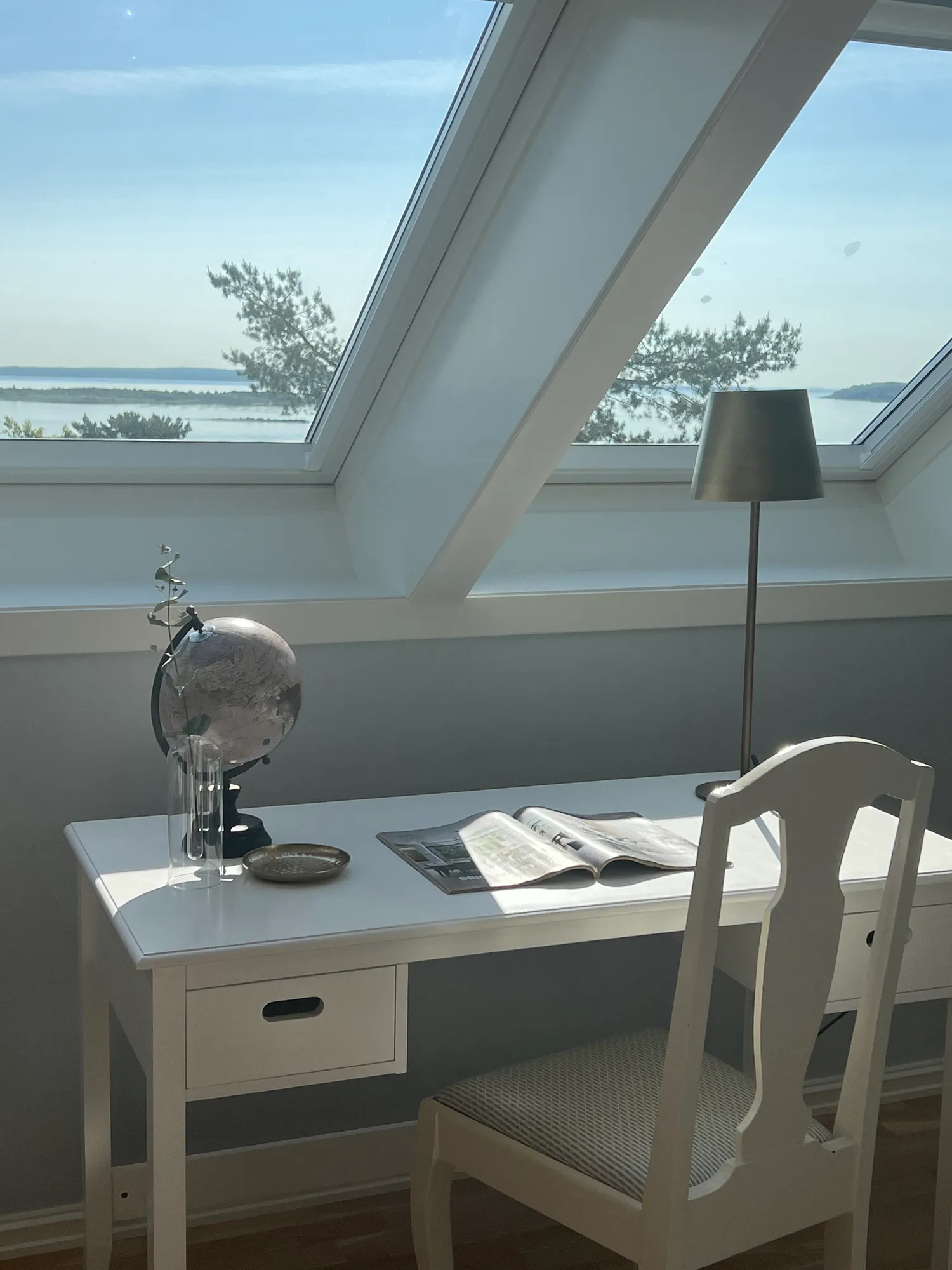 Skrivebord med globus og lampe under takvinduene
